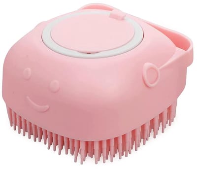Daity 1. Huisdierverzorgings- en shampoo-massageborstel met zeep- en shampoodispenser, zachte siliconenborstelharen, geschikt voor het wassen van langharige en kortharige honden en katten (roze).