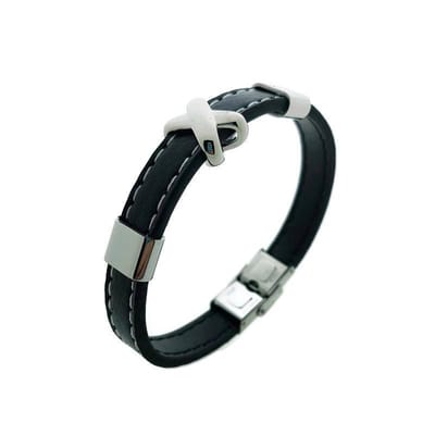 Aramat Jewels | Armbanden | Zwarte Leren Armband Stalen Kruisje – 21cm 10mm Breed 316L RVS | | | |10mm | Leer | Volwassenen | Verkleurd niet