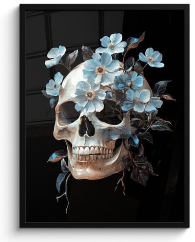 Poster in lijst - Fotolijst 60x80 cm - Posters - Schedel - Blauw - Bloemen - Bladeren - Posterlijst zwart - Decoratie - Wanddecoratie woonkamer - Muurdecoratie slaapkamer