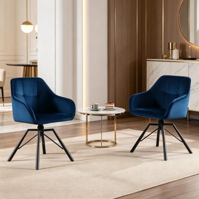 MODFU Eetkamerstoel - Draaibaar Met Armleuningen En Rugleuning - Modern - Voor Eethoek - Metaal En Fluweel - Blauw