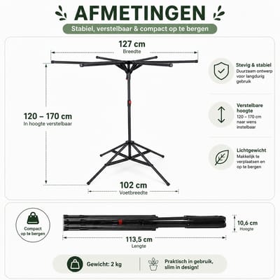 DPLUNIQ Wasrek - Droogrek - Droogmolen - Wasrek Inklapbaar - 6 uittrekbare stangen - Koolstofstaal - Draagvermogen 35-40kg - Zwart