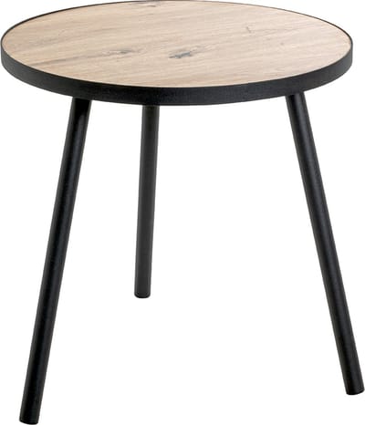 Bijzettafel – Blank eiken decor met zwart staal – Rond model – 50 cm breed, 50 cm diep, 52 cm hoog – Industrieel design