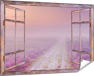 Gards Tuinposter Doorkijk Pad in de Weide tijdens de Mist - 150x100 cm - Tuindoek - Tuindecoratie - Wanddecoratie buiten - Tuinschilderij