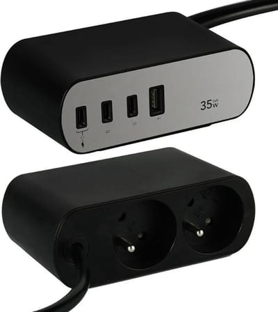 Thuys – Stekkerdoos – Voor Electradock Bureaus – 2 Franse Stopcontacten + 4 USB Poorten – Bureauhouder Inbegrepen