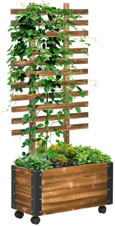 Plantenbak met Klimrek & 4 Wielen - Verhoogd Bloembak - Tuinrek - Tuinbed - Plantenrek - voor Bloemen, Fruit, Groenten & Kruiden - Behandeld Massief Hout - 65 x 31 x 147 cm - Zwart + Bruin