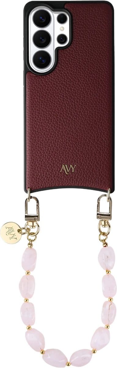 AVY Leren Hoesje Geschikt voor Samsung Galaxy S26 Ultra | Compatibel met MagSafe | Leather Case met Telefoonkoord | Polsbandje | Burgundy | Rocher Pink