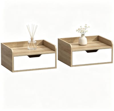 Zwevend nachtkastje set van 2 - Wandnachtkastje met lade en opstaande rand - Spaanplaat - Slaapkamer - Natuurhout en wit - 40x30x19,5 cm