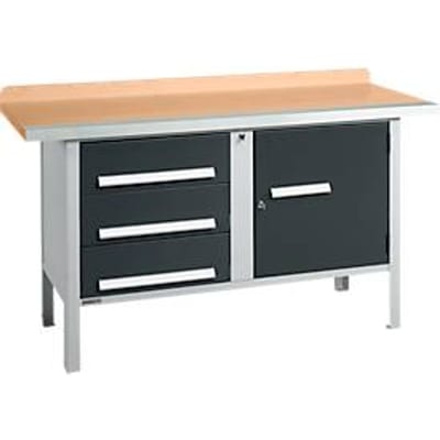 Box-type werkbank Schäfer Shop Select PWi 150-4, beuken multiplex blad, met stalen rand, tot 750 kg, B 1500 x D 700 x H 840 mm, antraciet