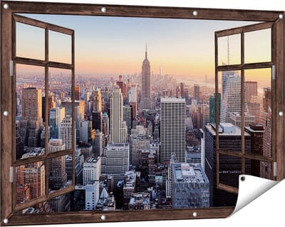 Gards Tuinposter Doorkijk New York Skyline met Wolkenkrabbers - 120x80 cm - Tuindoek - Tuindecoratie - Wanddecoratie buiten - Tuinschilderij