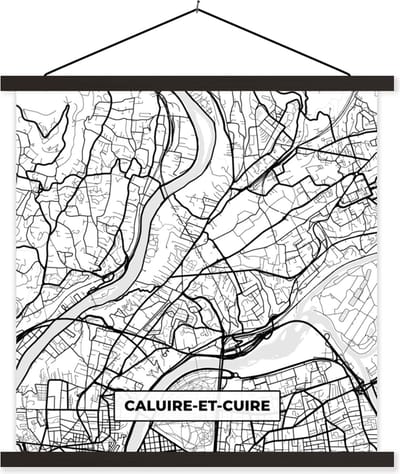 Posterhanger incl. Poster 60x60 cm - Schoolplaat - Stadskaart - Plattegrond - Caluire-et-Cuire - Kaart - Frankrijk - Zwart wit - Textielposter - Zwarte latten - Stadskaart