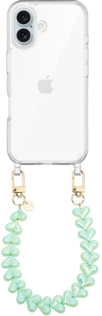 xoxo Wildhearts siliconen hoesje - Geschikt voor iPhone 16 Plus hoesje - Funky Hearts (Green Metallic) - Telefoonhoesje - Hoesje met koord - Groen koord - kort telefoonkoord - Hartjes ketting - Transparant hoesje