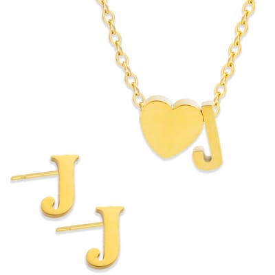 Initiaal Ketting & Oorbellen set met Letter J Goudkleurig - Stainless Steel - Met letter & Hartje! - 2x Sieraden Cadeau - Pax Amare
