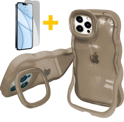 Hoesje voor iPhone 15, Dubbele Standaards Case, Wavy TPU Hose met Golfrand, Schattige Schokbestendige Hose voor Vrouwen-Transparant Design, Zwart, Bruin - Screenprotector