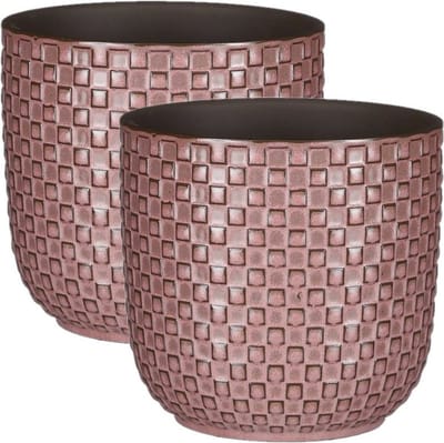 Mica Decorations Plantenpot Daan - 2x stuks - keramiek roze - D13.5 cm - H13 cm - stijlvol patroon