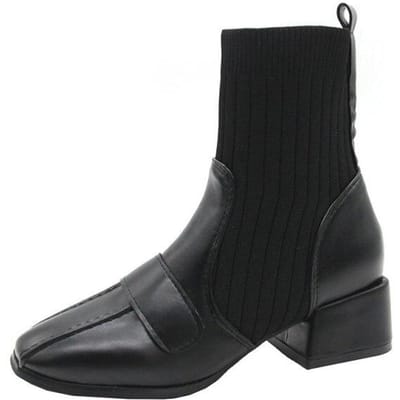 Rimocy Hoge Kwaliteit Pu Leer Enkellaarsjes Voor Dames Zacht Elastisch Breisel Vierkante Hak Schoenen Vrouw Elegant Vierkante Neus Laarsjes 38 zwart