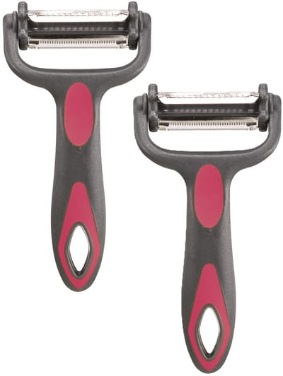 Cook Concept Dunschiller Profi - 2x - grijs/roze - kunststof - 15 cm - aardappelschiller met 3 mesjes - keuken mesjes