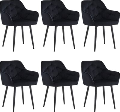 Colenis® - Iris Eetkamerstoel - Zwart - Set Van 6 - Fluweel - Velvet - Design - Met armleuning
