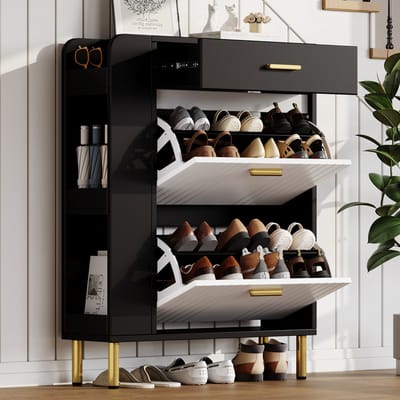 Intebiki schoenenkast - Met 2 klapdeuren, 1 lade en 3 open schappen - Vrijstaand - Ideaal voor hallen en entrees - 80 cm breed x 24 cm diep x 105 cm hoog - Zwart-wit kleurstelling