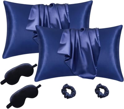 Famanu - Satijnen kussensloop 50x75 cm marineblauw, zijdeachtig, inclusief haarelastiekjes en oogmasker, ademend