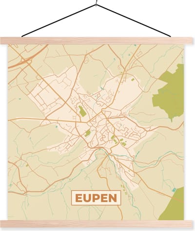 Posterhanger incl. Poster 40x40 cm - Schoolplaat - Stadskaart - Plattegrond - Vintage - Eupen - Kaart - België - Textielposter - Blanke latten - Stadskaart