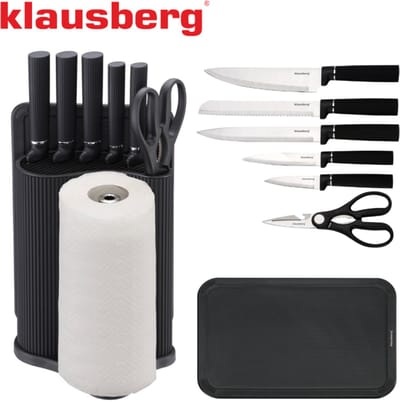Klausberg KB-7977 8 Delig Keukenset - Messenset met Snijplank en Papierrolhouder - Zwart Roestvrij Staal - Messenblok - o.a. Koksmes, Broodmes, Snijplank, Keukenset