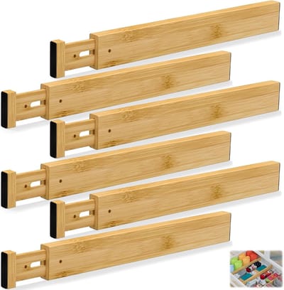 Verstelbare en uitbreidbare bamboo lade-organizer set van 6, ideaal voor keuken, kantoor en slaapkamer, duurzame en milieuvriendelijke opbergoplossing voor een opgeruimde ruimte