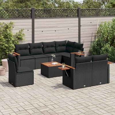 vidaXL - 9-delige - Loungeset - met - kussens - poly - rattan - zwart