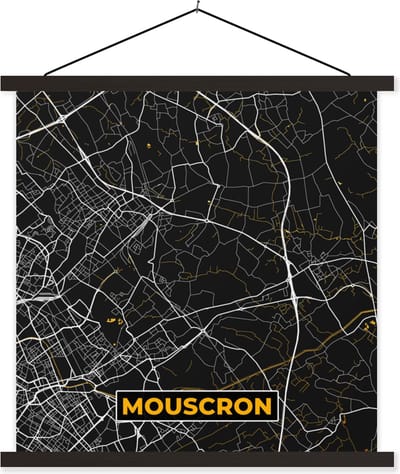 Posterhanger incl. Poster 60x60 cm - Schoolplaat - Plattegrond - Stadskaart - Goud - Mouscron - Kaart - Textielposter - Zwarte latten - Stadskaart