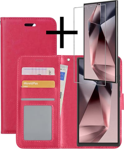 Hoesje - Met Screenprotector - Geschikt voor Samsung Galaxy S24 Ultra - Luxe Pasjeshouder - Bookcase Portemonee - Flip Case - Kunstleer Book Case - Flipcase - Book Cover - Walletcase - Portemonneehoes - Donkerroze