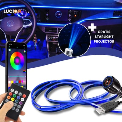 Lucion® Auto led verlichting | Lightstring met autolader| 12V/5V | Auto interieur verlichting | sfeerverlichting auto | vrachtwagen accesoires | auto accessories interieur verlichting | Auto verlichting | Led strip auto | Met App en afstandsbediening