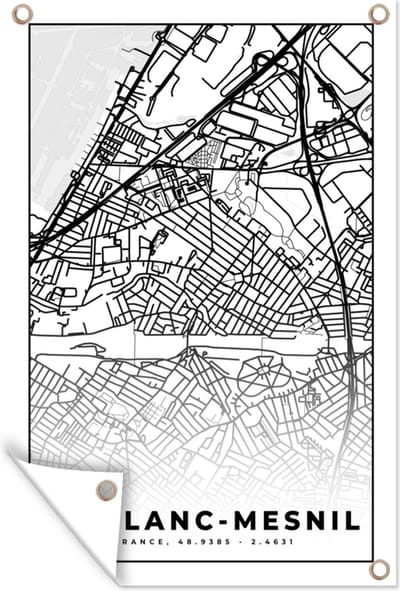 Muurdecoratie Plattegrond - Kaart - Frankrijk - Stadskaart - Le Blanc-Mesnil - Zwart wit - 120x180 cm - Tuinposter - Tuindoek