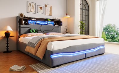 Gestoffeerd bed - 160x200 cm - met USB-aansluiting voor opladen - op afstand bedienbare sfeerverlichting onder het bed - hoofdeinde met opbergvak - Hydraulisch opbergbed - zonder matras - Met ledverlichting - Grijs