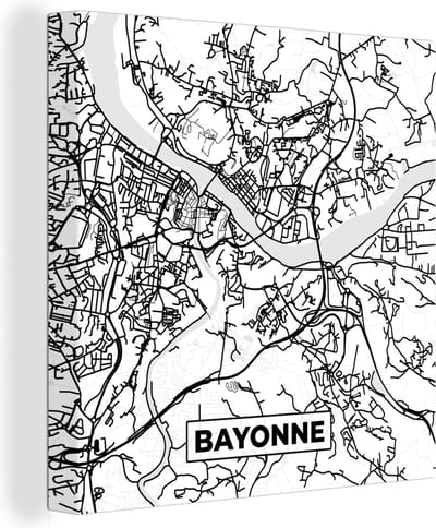 Canvas Schilderij Kaart - Plattegrond - Frankrijk - Stadskaart - Bayonne - Zwart wit - 20x20 cm - Wanddecoratie