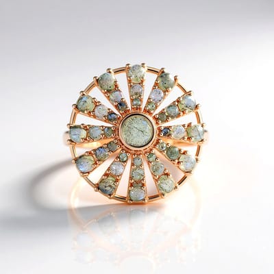 Cavill - Ring 925 Sterling Zilver Roségoud Verguld - Labradoriet 3.16 ct - Vintage Filigraan Ronde Groene Cabochon - Uniek Certificaat