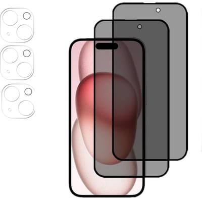 Privacy Screenprotector 3x en Camera lens protector 3x - Glasplaatje - Tempered glass Screen protector Geschikt voor: iPhone 15 - Beschermglas