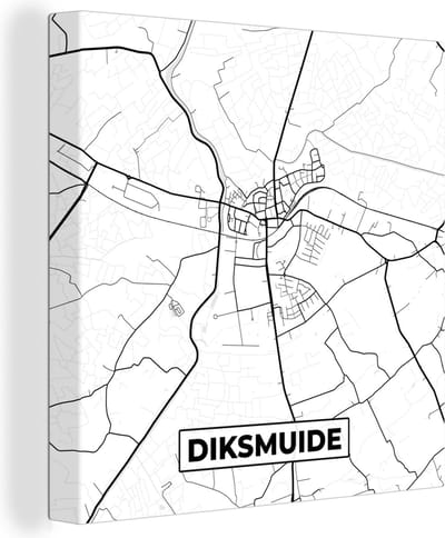 Canvas Schilderij Zwart Wit – België – Plattegrond – Stadskaart – Kaart – Diksmuide - 20x20 cm - Wanddecoratie