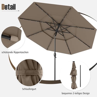 Terrasparasol met LED-verlichting Windbestendig en Knikbaar, 300 cm Rond Patio Parasol met Zwengel en Zonnepaneel, Outdoor Balkonscherm, Antraciet – Afmetingen op aanvraag – Bellavero