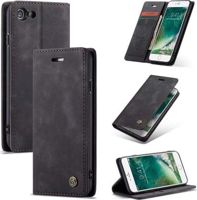 Luxe PU leren Bookcase geschikt voor Apple iPhone 8 | iPhone 7 | SE 2020 | Hoogwaardig Leren Hoesje | Lederen Wallet Case | Kaarthouder | Portemonnee | Zwart