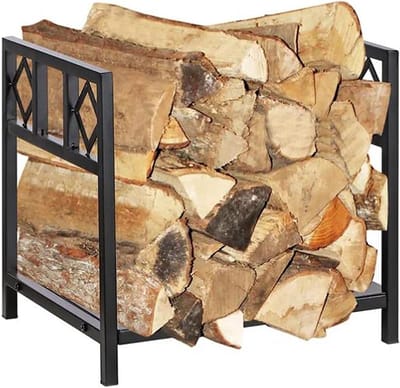 Houten Opbergrek - Brandhouthouder Tijdschriftenrek - Opslag Buiten - Stevig IJzeren Frame - 40x34x38 cm - Zwart
