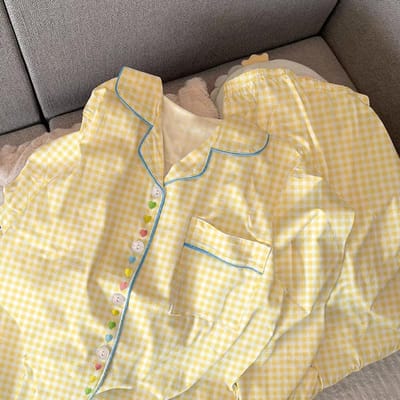 Lente Herfst Schattig Ruitjes Meisjes Pyjama Set Koreaans Nieuw Lange Mouw Vrije Tijd Nachtkleding Vrouwen Losse Nachtkleding Huispak XXL beige