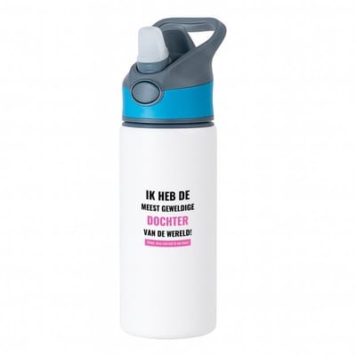 Hacebo® - ik heb de meest geweldige dochter van wereld (klopt, deze mok heb ik van haar) waterfles met rietje blauw - de meest geweldigste dochter - verjaardagscadeau - verjaardag - cadeau - cadeautje voor dochter - water fles - 650ML
