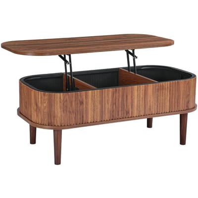 1000 mm Koffietafel met Verhoogbaar Blad, Geribbelde Ovalen Koffietafel met 3 Verborgen Compartimenten, Houten Ovalen Salontafel in Mid-Century Stijl met Opbergruimte, Verhoogbaar Tafelblad