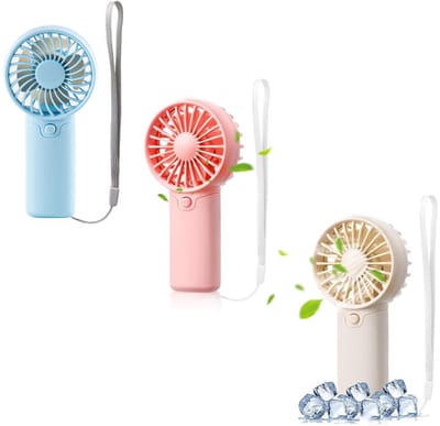 Handventilator - 3 Stuks - Werkt op batterijen - Draagbare Gezichtsventilator - Lange Accuduur - Met Draagkoord - Mini Airco - Aircooler - Luchtbevochtiger - Nek Verkoeling - Hoofd Ventilator - Tailleventilator - Mini Fan - Roze, Wit, Blauw