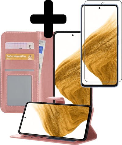 Hoesje - Met Screenprotector - Geschikt voor Samsung Galaxy A53 - Luxe Pasjeshouder - Bookcase Portemonee - Flip Case - Kunstleer Book Case - Flipcase - Book Cover - Walletcase - Portemonneehoes - Telefoonhoesjes - Rosé goud