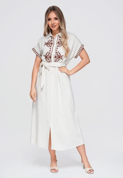 LARICA Jurk - Viscose - Korte Mouw - Knopen Beige / Koffiebruin S/M