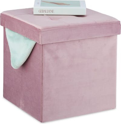 opbergpoef - met opbergruimte - fluweel - 38 x 38 x 38 cm - vierkant - opvouwbaar - roze