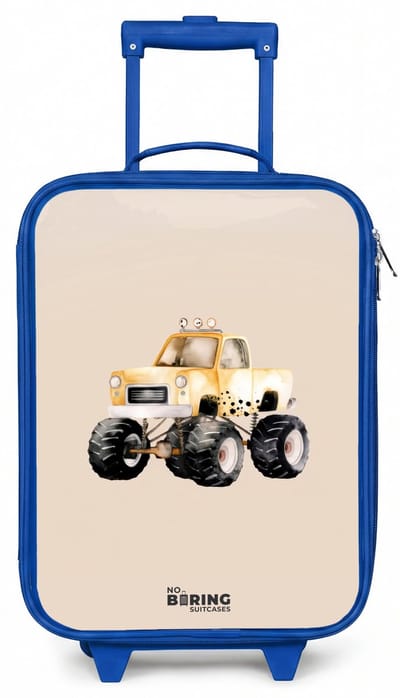 NoBoringSuitcases.com® - Kinderkoffer blauw - Kindertrolley jongen - Gele monstertruck op een beige achtergrond - Koffer kind lichtgewicht - Reiskoffer trolley voor kinderen - Koffertje met lichtgevende wieltjes - Rolkoffer