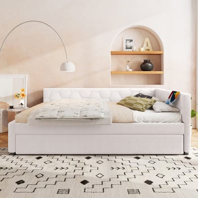 Komhtom Dagbed, 140*200 cm Dagbed, slaapbank, bed met lattenbodem (zonder matras), met bedlampje, met multifunctioneel uitschuifbaar bed, USB-aansluiting, type C, comfortabel materiaal, imitatie fleece, wit
