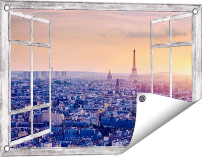 Gards Tuinposter Doorkijk Skyline van Parijs tijdens Zonsondergang - 60x40 cm - Tuindoek - Tuindecoratie - Wanddecoratie buiten - Tuinschilderij