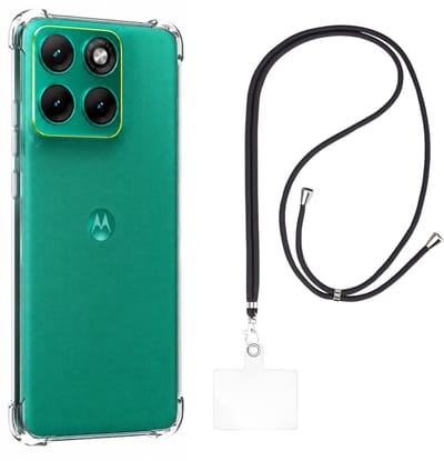 Set met hoesje en nekband voor Motorola Edge 70 Fusion 5G - Backcover Shockproof siliconen Transparant, verstelbare universele nekband voor mobiele telefoons, zwarte nekband, transparante draagriem van Phonillico®